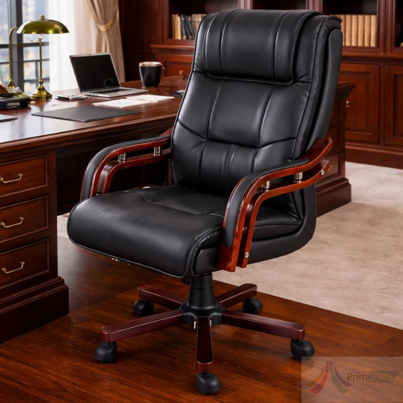 Scaun directorial ergonomic executat cu față și spătarul din piele ecologică, baza din oțel acoperit cu lemn, brațele din lemn. Scaun ergonomic, directorial, birou PRO911 - imagine 1