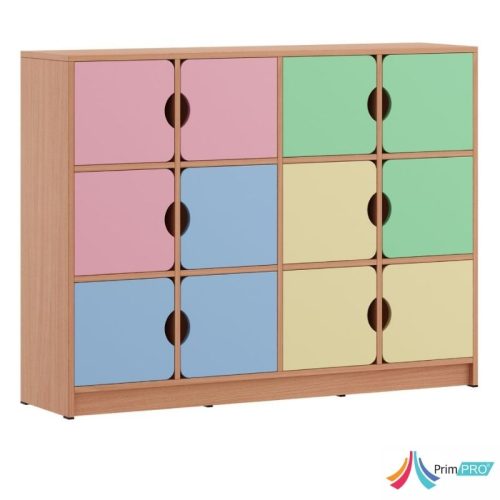 Spații de depozitare generoase Dulapul oferă multiple compartimente, ideale pentru organizarea materialelor didactice. Această funcționalitate ajută la menținerea ordinii, facilitând accesul rapid la materialele necesare activităților educaționale.