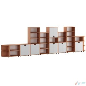 Design compact și versatil Setul include 10 corpuri modulare, ce pot fi aranjate în funcție de spațiul disponibil, fie în linie, fie pe doi pereți. Această versatilitate permite optimizarea spațiului, creând o sală de clasă ordonată și bine organizată.